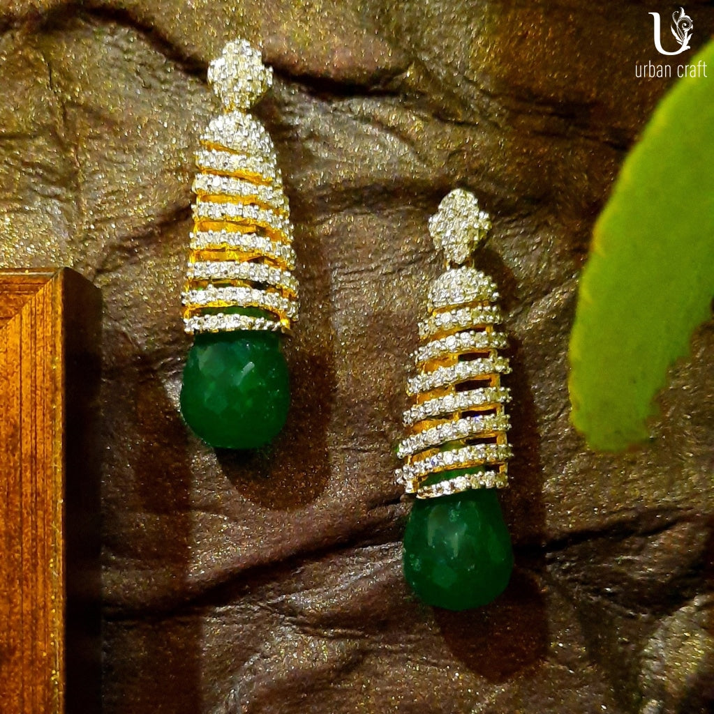 Diamond Swirl With Emerald Droplet Earrings