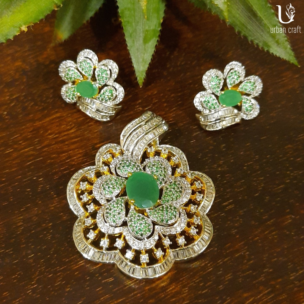 Floral Emerald-N-Diamond Pendant Set Jewelry Sets