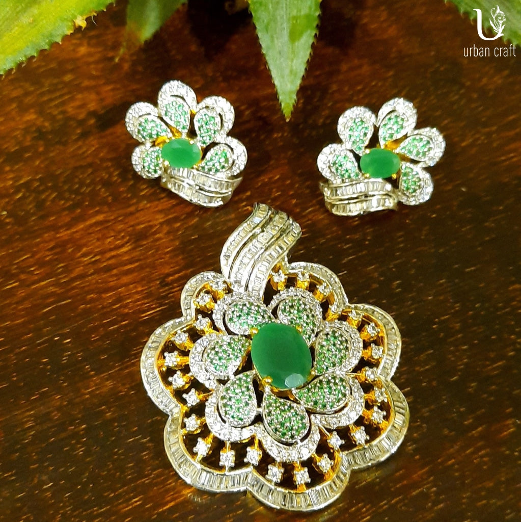 Floral Emerald-N-Diamond Pendant Set - Main Image