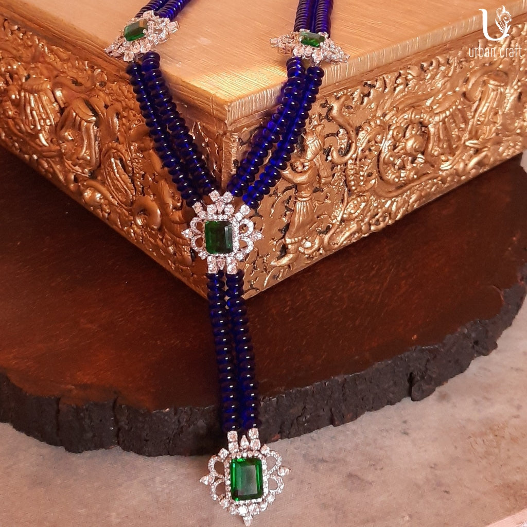 German Silver Blue Stone Long Necklace Set – Cardinal Jewels